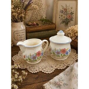 Vintage Japan Floral Creamer Sugar Bowl Set Blue Rim Cottagecore Shabby Chic